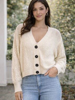 Soft Cream Cable Knit Button-Front Cardigan